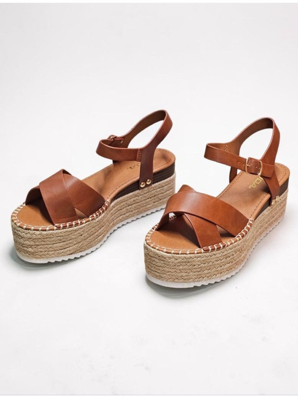 Tan Platform Espadrille Sandals With Buckle Strap Crisscross Upper & White Sole - Picture 15 of 16